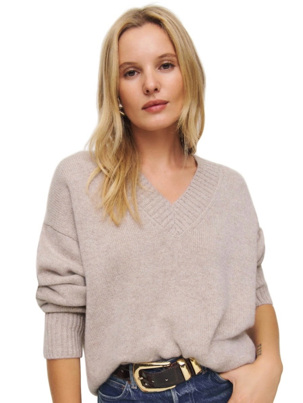 Reformation V-Neck Jadey Sweater in Barley, XS